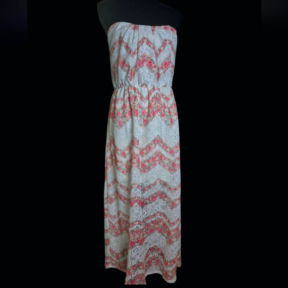 Vintage Floral Lace Maxi Dress In Ivory, Peach& Pink, Fully Lined Size L (11-13)